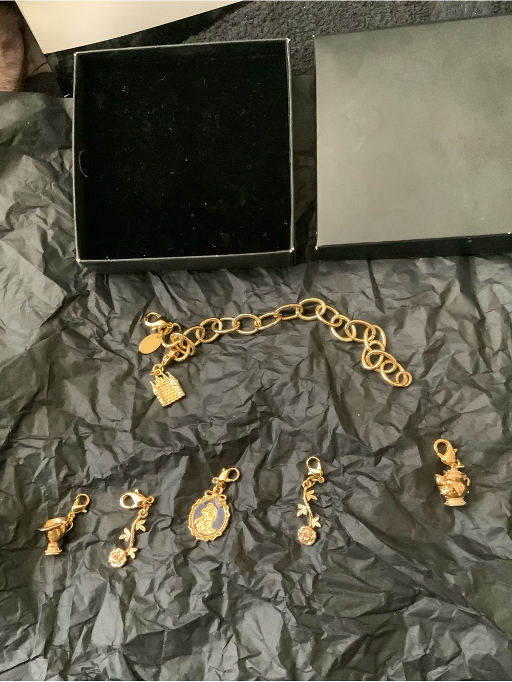 Disney mid 2000s Beauty and the Beast Gold -Tone Charm Bracelet with Charms